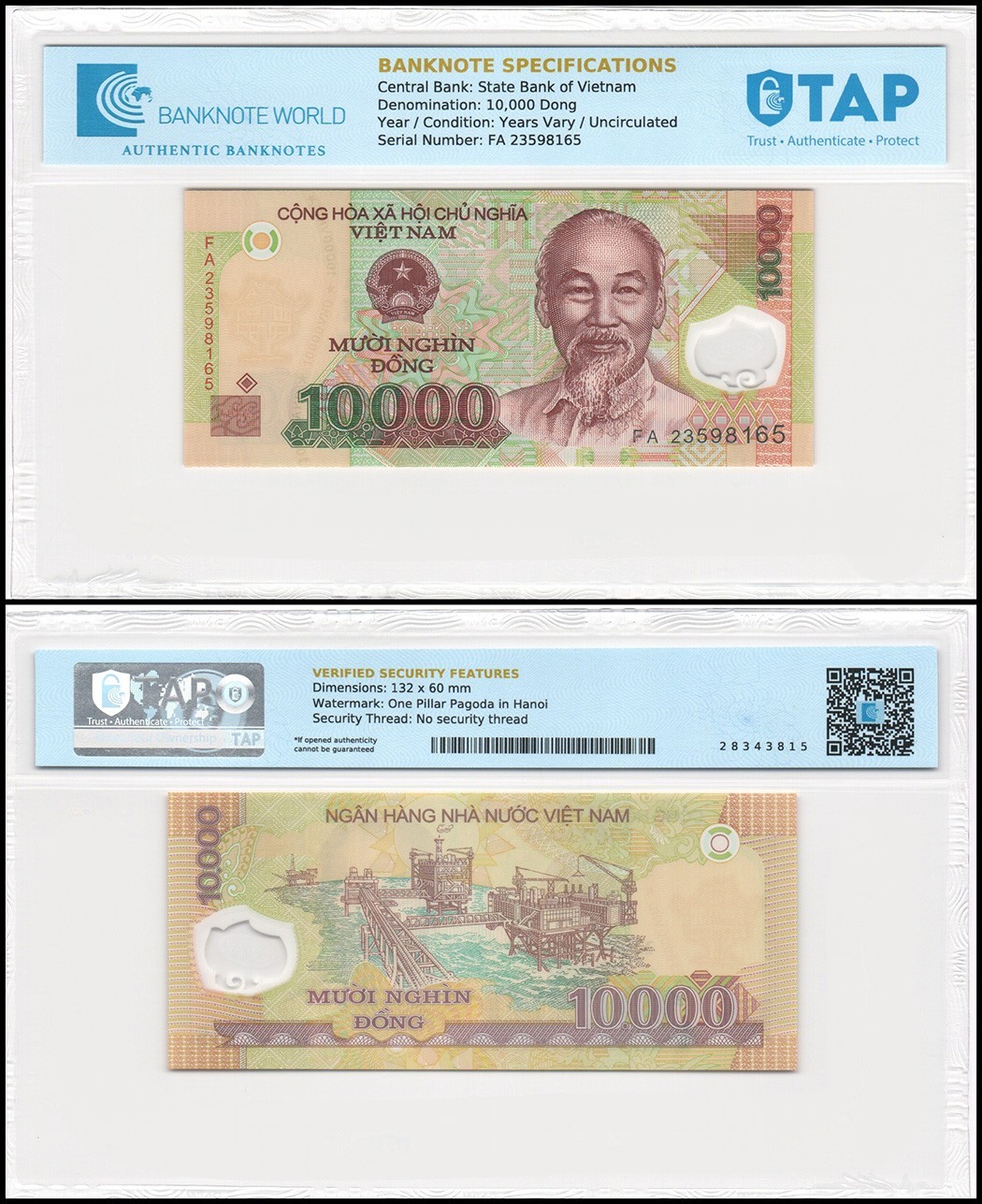Vietnamese Currency 10000 Dong Random Year P-119 UNC Polymer TAP Authenticated