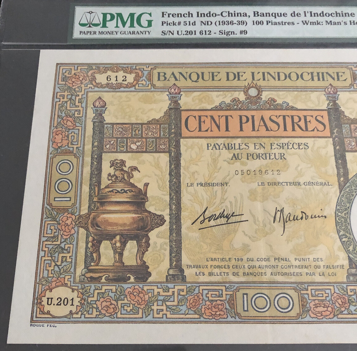 FRENCH-INDOCHINA $100 PIASTRES-Pick# 51d (1936-39)-PMG55-EPQ-it was under-graded