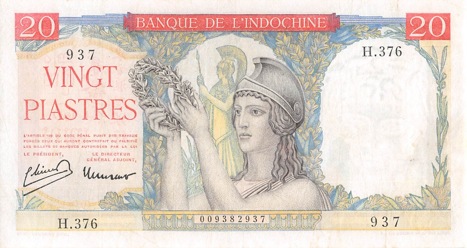 French I. C. 20 Piastres ND. 1949 P 81a Series H Circulated Banknotes TX11