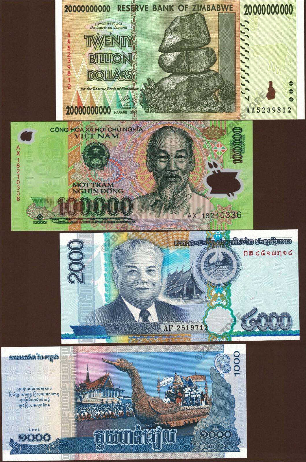 100000 Dong Vietnam, 20 Billion Zimbabwe Dollars, 2000 Laos, 1000 Cambodia – UNC