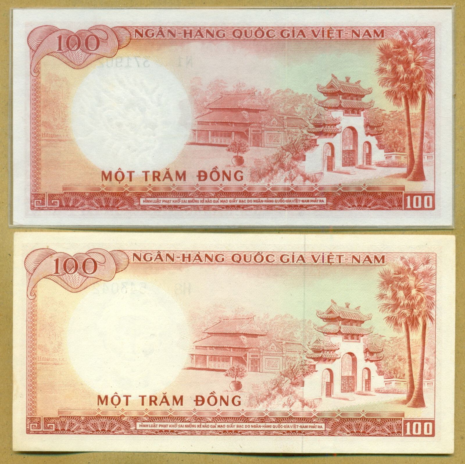 Vietnam 100 Dong (1966) P 19A&B. Watermark: Dragon & Le Van Duyet’s head. Pair