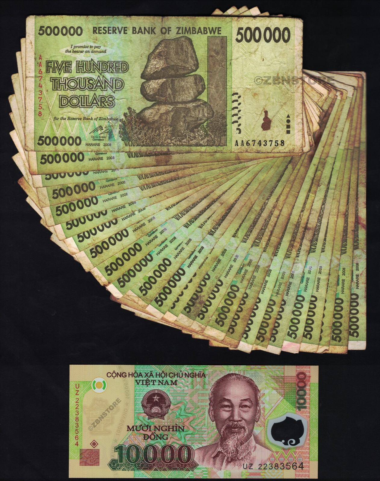 25 x 500,000 Dollars Zimbabwe 2008 Bundle + 10,000 Vietnam Dong VND Currency COA