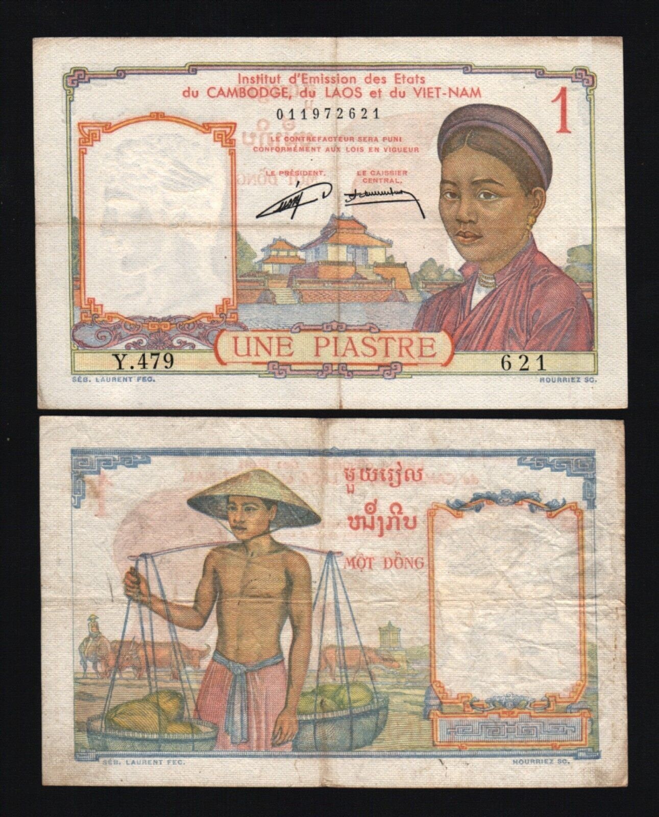 French Indo China 1 PIASTRE P-92 1953 BUFFALO FRUIT World Currency VIETNAM NOTE