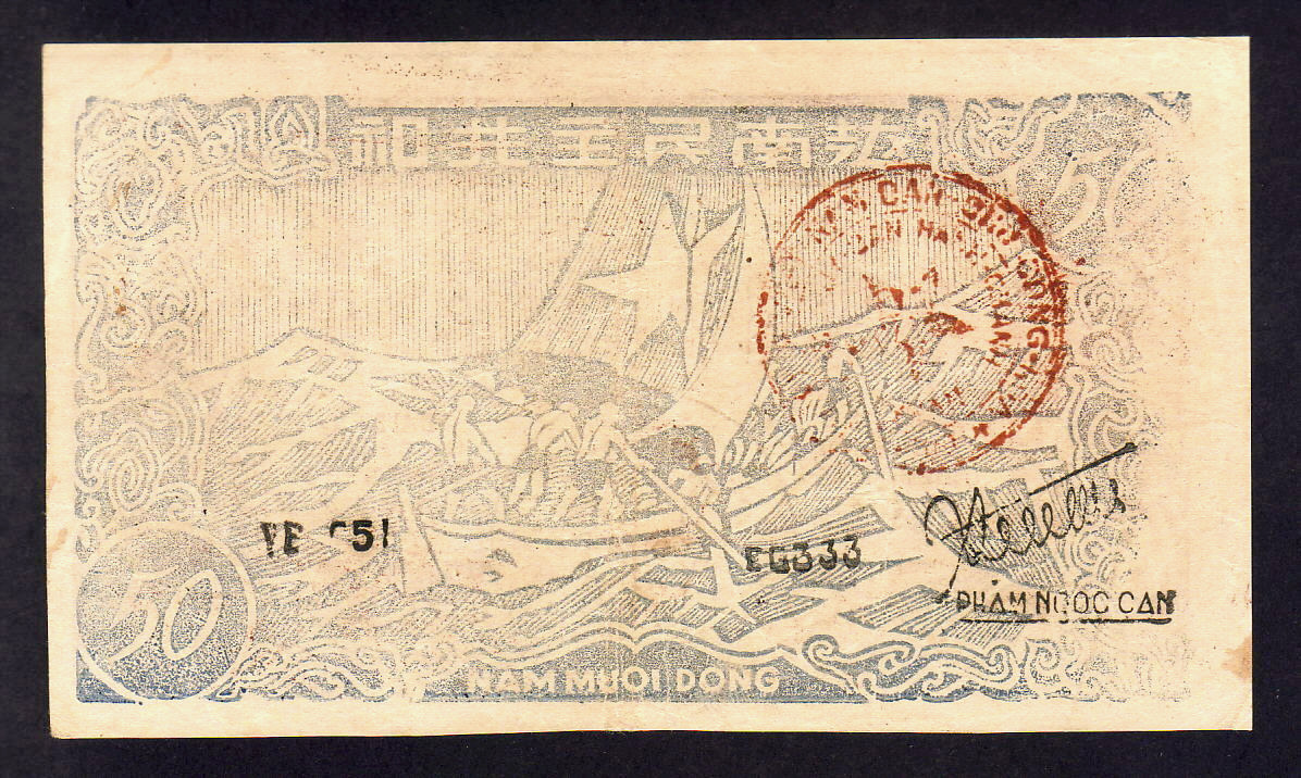 Vietnam P-50h. (1949-50) 50 Dong.. Red, circular handstamp.. EF
