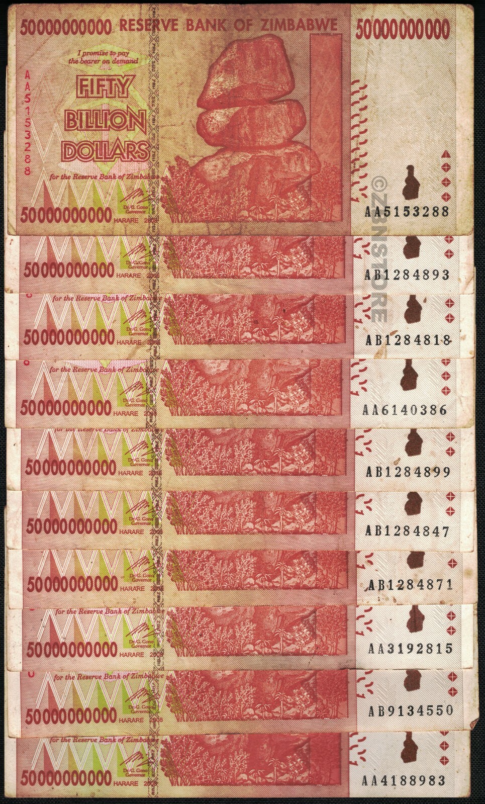 10 x 50 Billion Zimbabwe Dollars + 10 x 10,000 Vietnam Dong Banknotes w/ COA