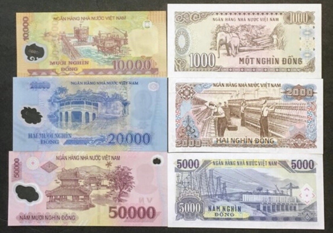 Six Vietnam Dong 1 Ea x 50K, 20K, 10K, 5K, 2K & 1K UNC Banknotes = 88,000 Dong