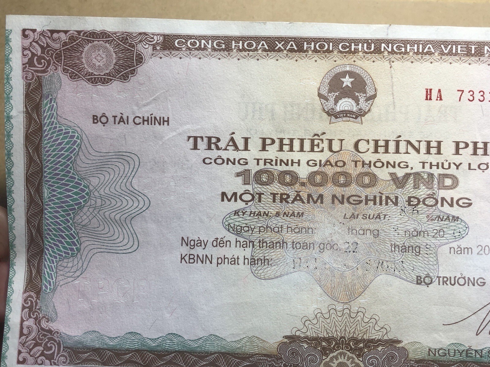 100,000 Dong Payment Bond Cheque Unpaid 2004 Original Vintage Rare_LDP Shop.