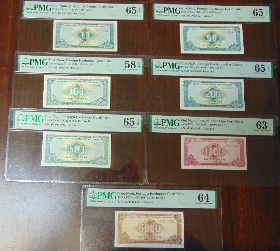 Vietnam FX Certificate Lot 7 Notes P-FX1a to FX7a ND 1987 PMG 65EPQ