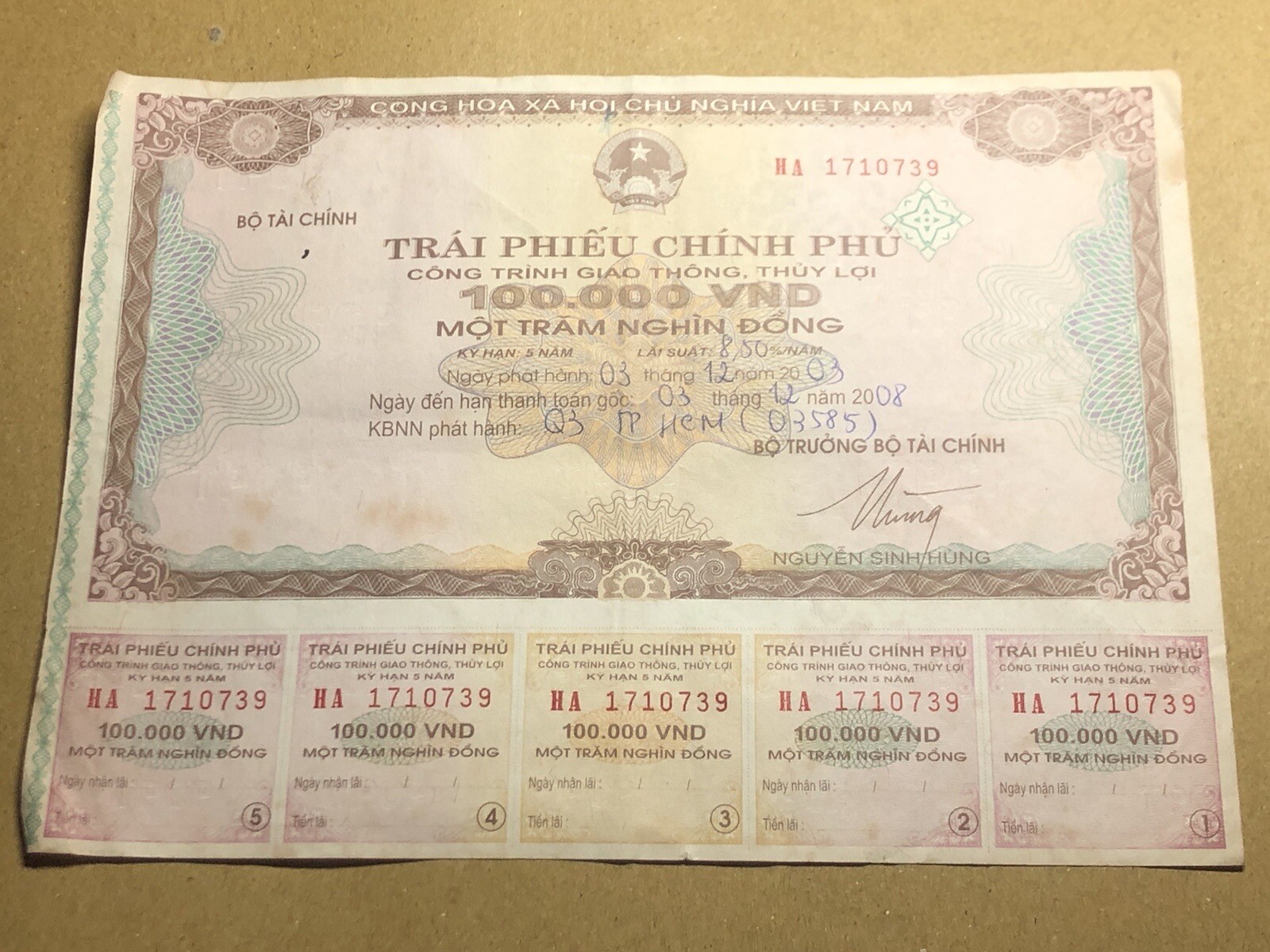 100,000 Dong Payment Bond Cheque Unpaid 2003 Original Vintage Rare_LDP Shop.