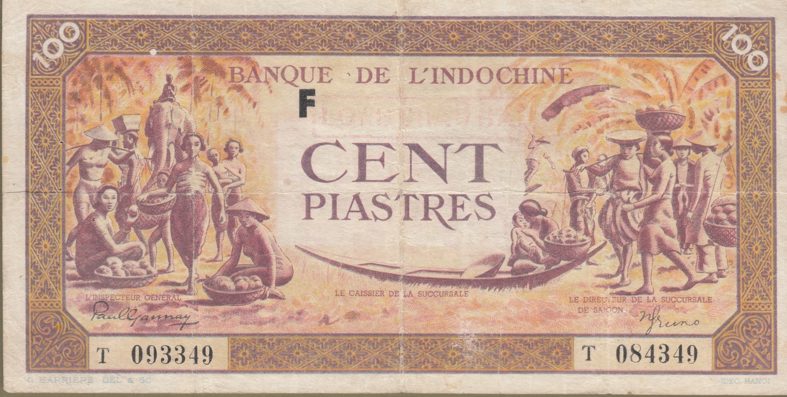 1945s Vietnam Provisional Bank Notes VG P#R18 LONG CHAU HA Red Hand Stamped.