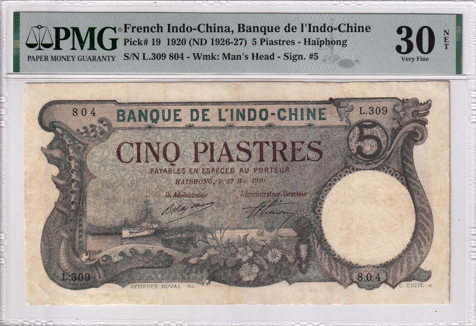 French Indochina 1920. 5 Piastres Haiphong Pick# 19, Sign 5. PMG 30