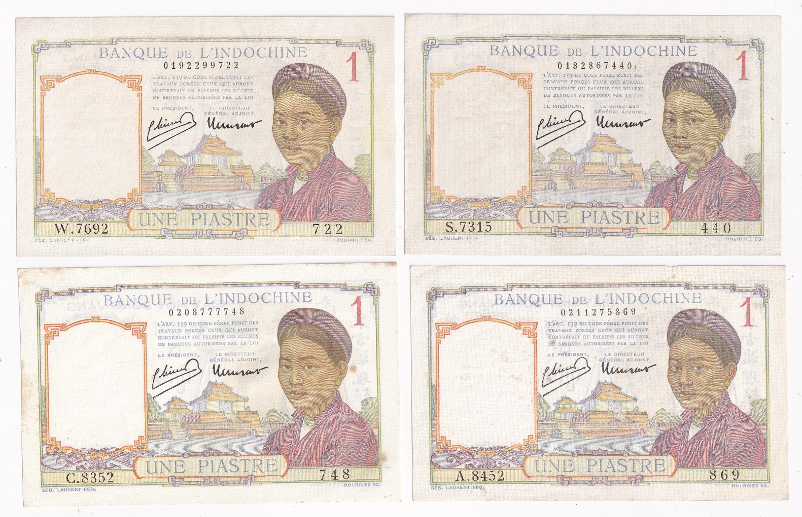 Indochina 1 Piastre 1936 Pick 54b Sign 9 Lao type 1 Lot of 4 notes AU condition