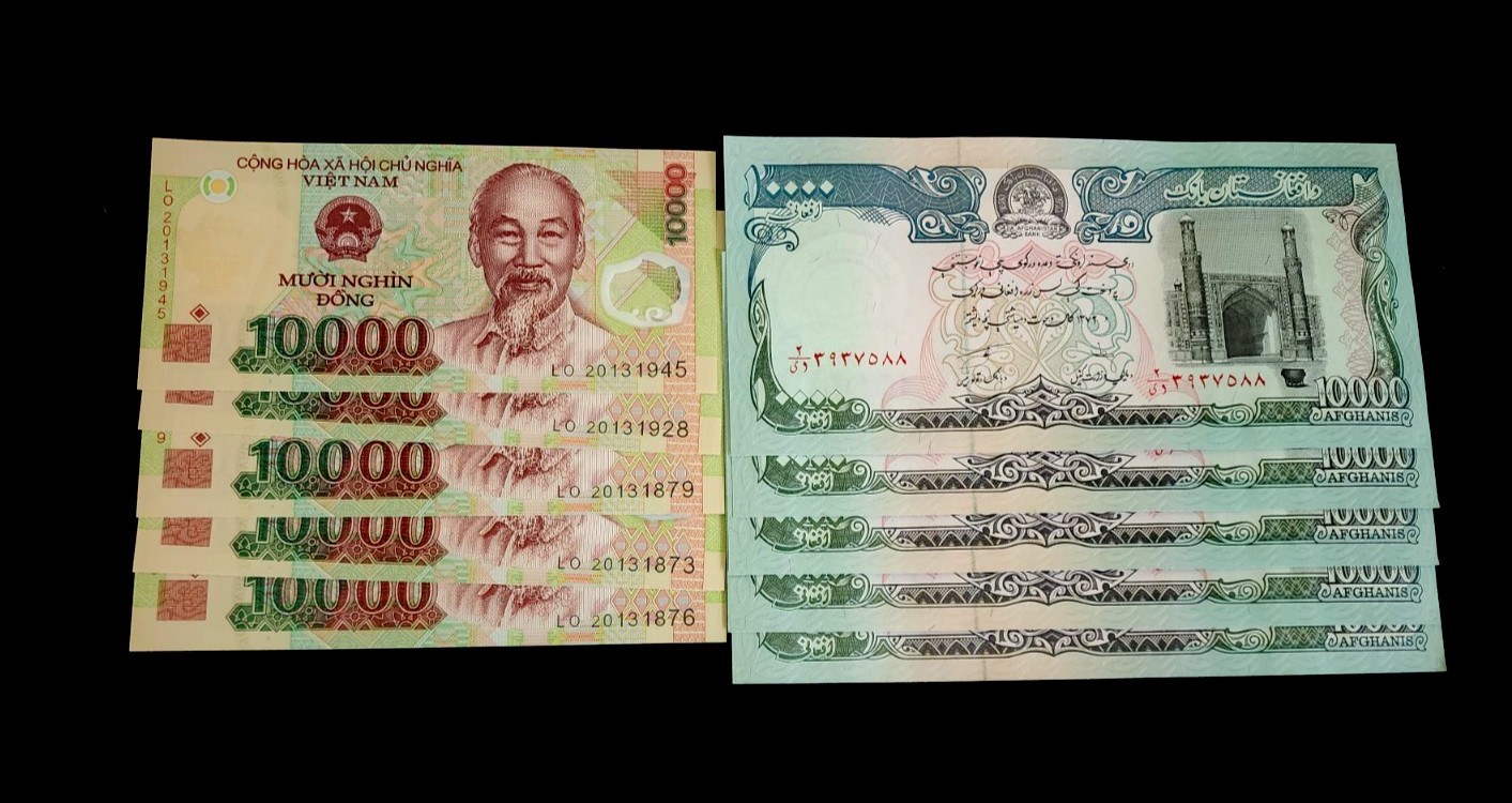 10 Banknotes 5 x Vietnam 10000 Dong & Afghanistan 10000 Afghanis- Uncirculated