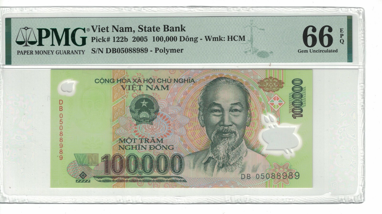 VIETNAM 100,000 DONG 2005 PICK# 122b PMG: 66 EPQ GEM UNC. (#PL1212)