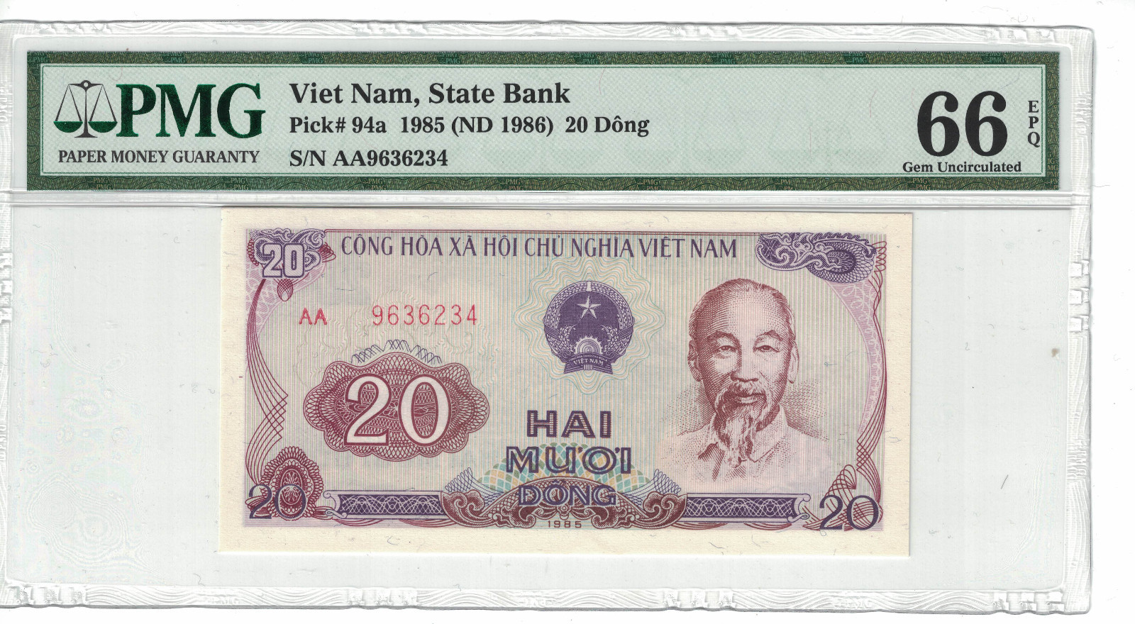 VIETNAM 20 DONG 1985 PREFIX “AA” PICK# 94a PMG:66 EPQ GEM UNC. (#966)