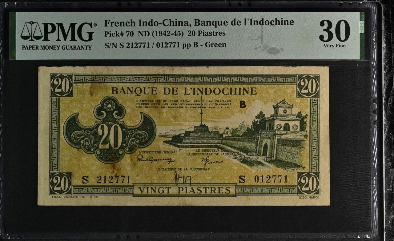 French Indochina P-70 20 Piastres 1942-45 PMG 30 Stains