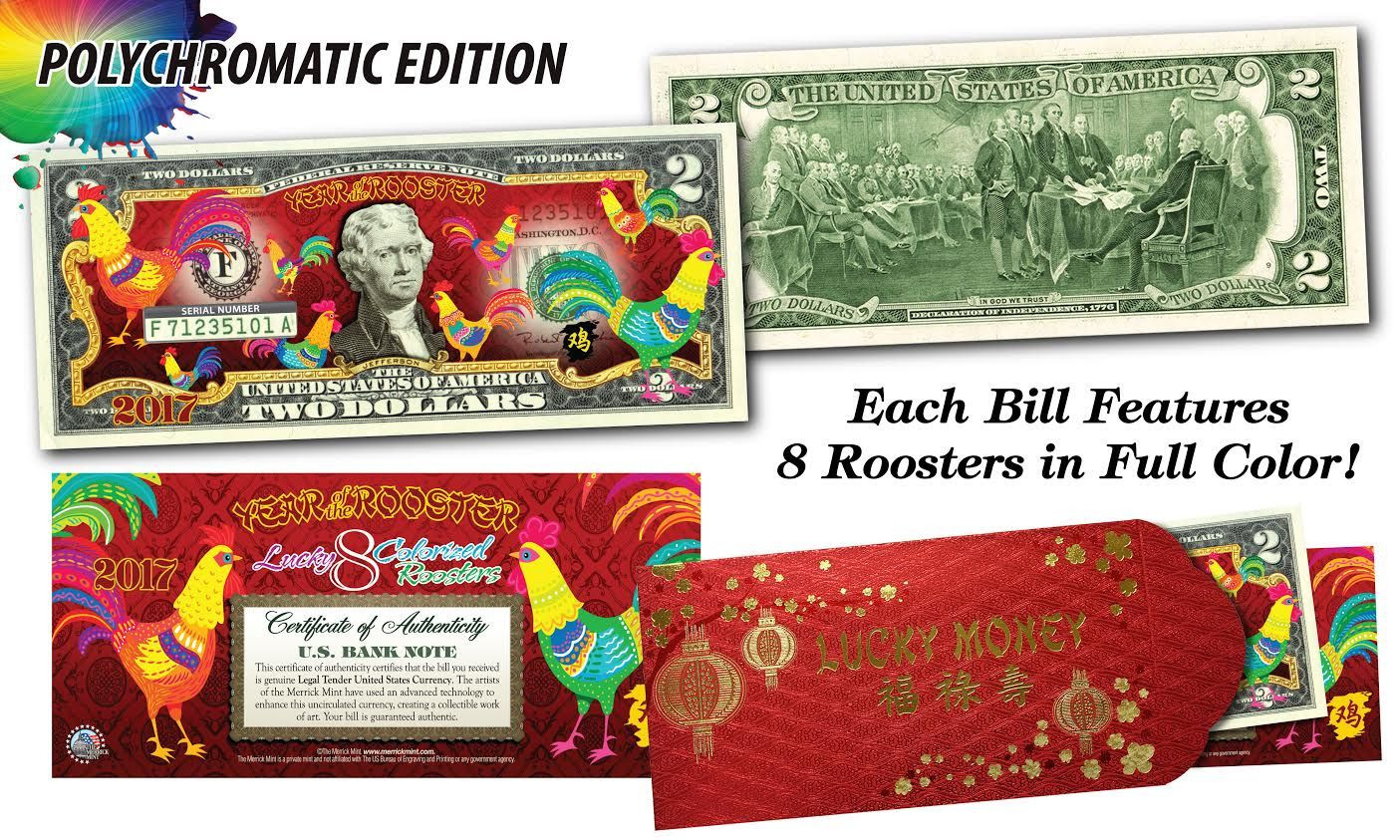 2017 CNY Lunar YEAR OF THE ROOSTER Polychromatic 8 Roosters US $2 Bill Red (10)