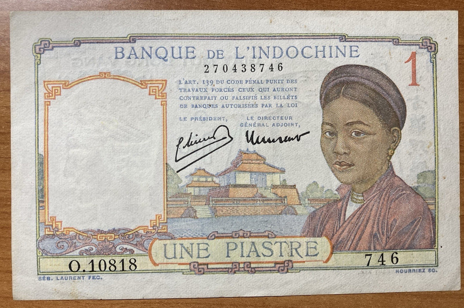 FRENCH INDOCHINE P-54c 1 Piastre 1946 Nice Grade