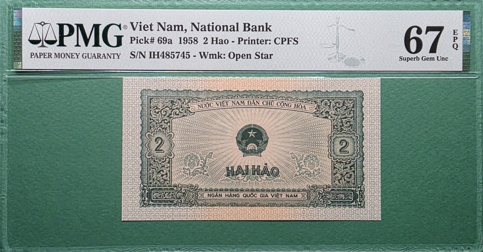 1958 VIETNAM 2 HAO P# 69a OPEN STAR PMG 67 EPQ SUPERB GEM UNC