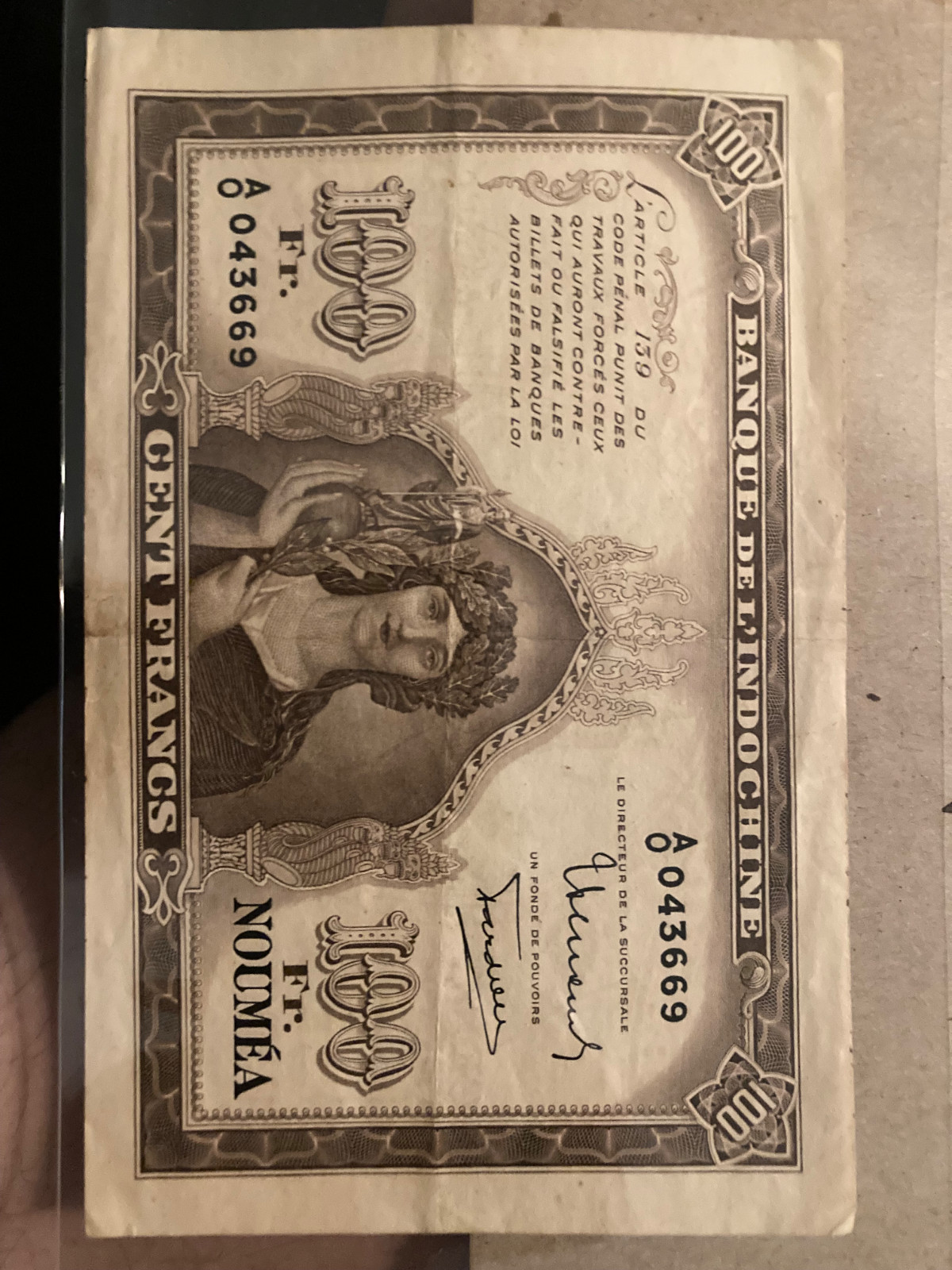 FRENCH INDOCHINE NOUMEA VIETNAM CAMBODIA LAOS 100 Francs RARE Big