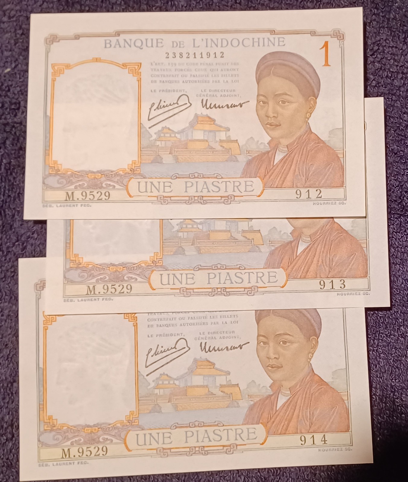 French Indochina Piastre 3 consecutive CHOICE to GEM Uncirculated Vietnam