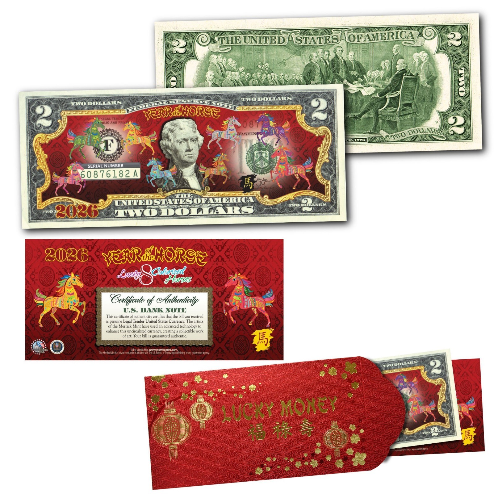 2026 CNY Lunar Chinese New YEAR OF HORSE Polychromatic 8 HORSES $2 Bill RED