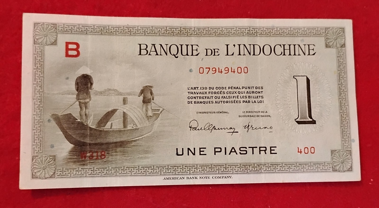 1945 Banque De L’Indochine Une Piastre Clean Circulated Banknote Bill