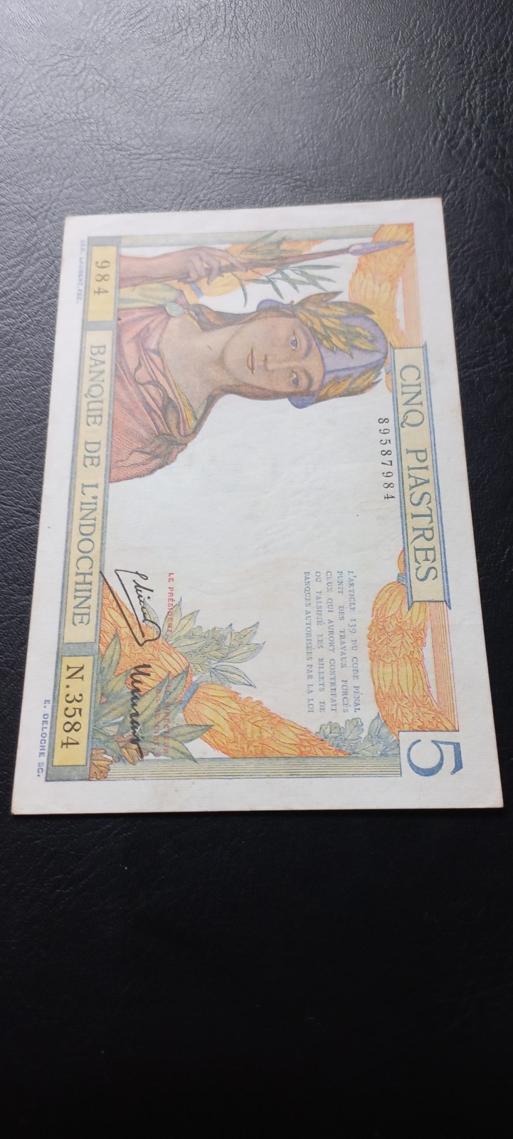 French Indo-China, 5 Piastres, Lao Text Type 1 – Signature # 11, 1946, (P-55c)