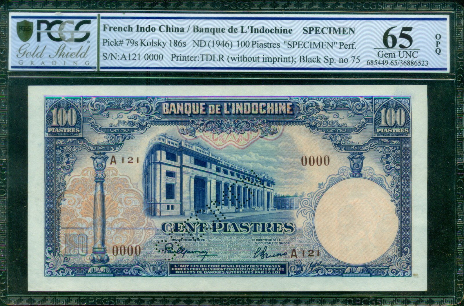French Indo China SPECIMEN ND (1946) 100 Piastres, Pick 79s PCGS 65 Gem UNC OPQ