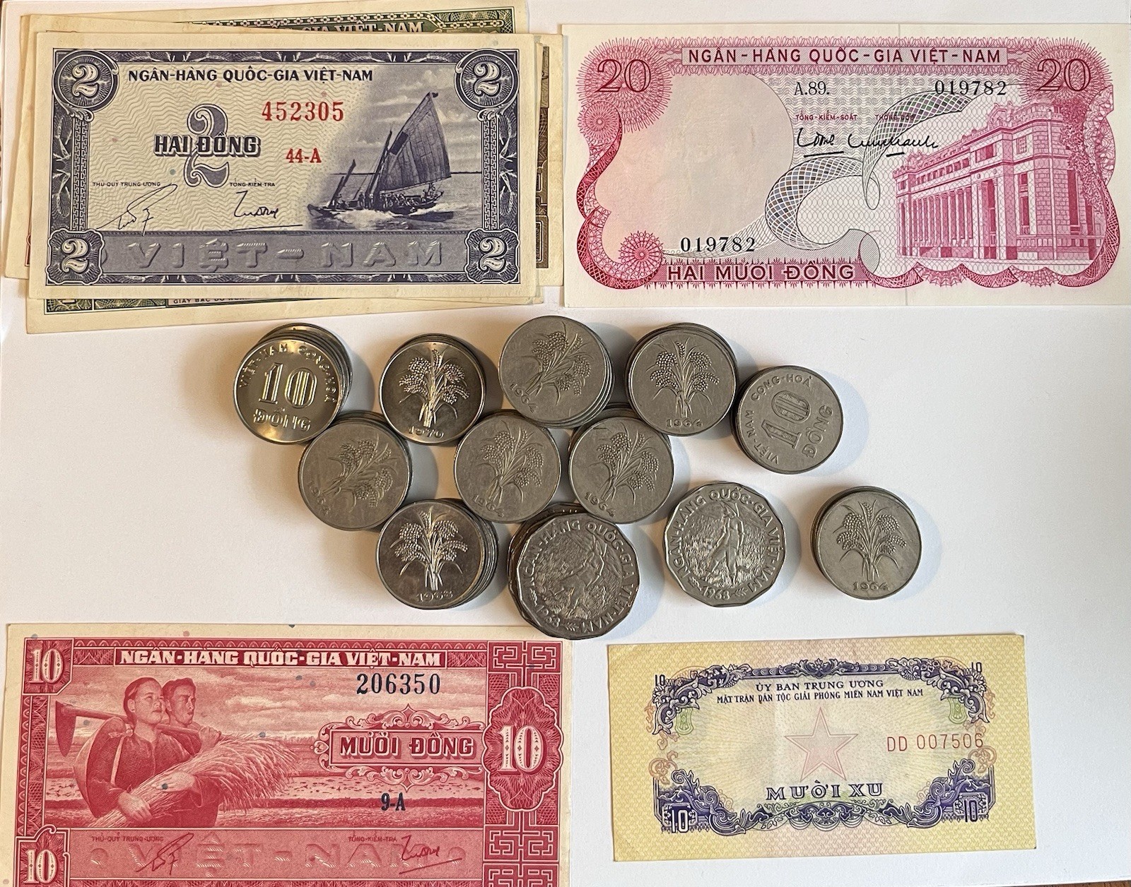 Vintage Vietnam Coin And Banknote Lot. 1950-1970. 1, 2, 5, 10, 20 Dong.