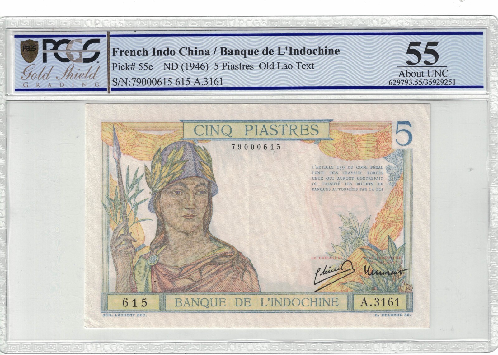 French Indochina 5 Piastres 1946 Pick# 55c PCGS: 55 Choice AUNC. #PL2011