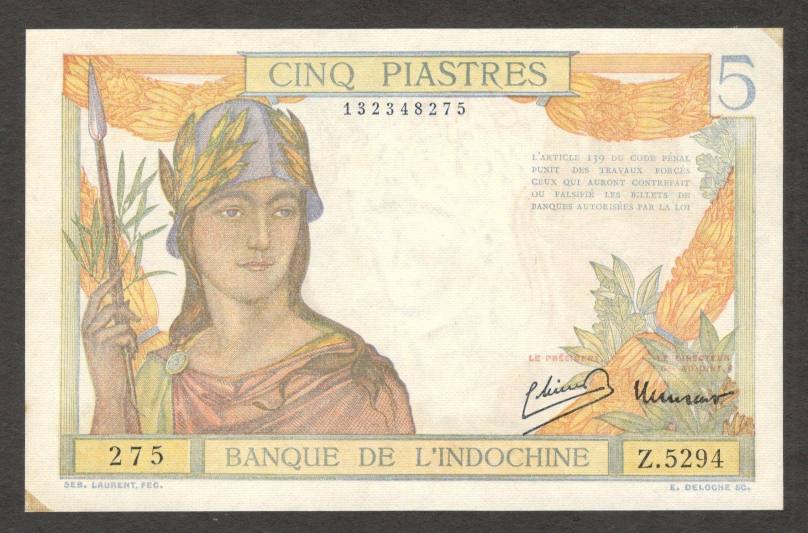 French Indochina Vietnam 5 Piastres Minost & Laurent Sign P-55d 1949 UNC- NoHole