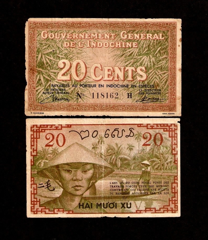 FRENCH INDO CHINA 20 CENTS P-86 A 1939 BOAT GIRL HAT VIETNAM CURRENCY MONEY NOTE