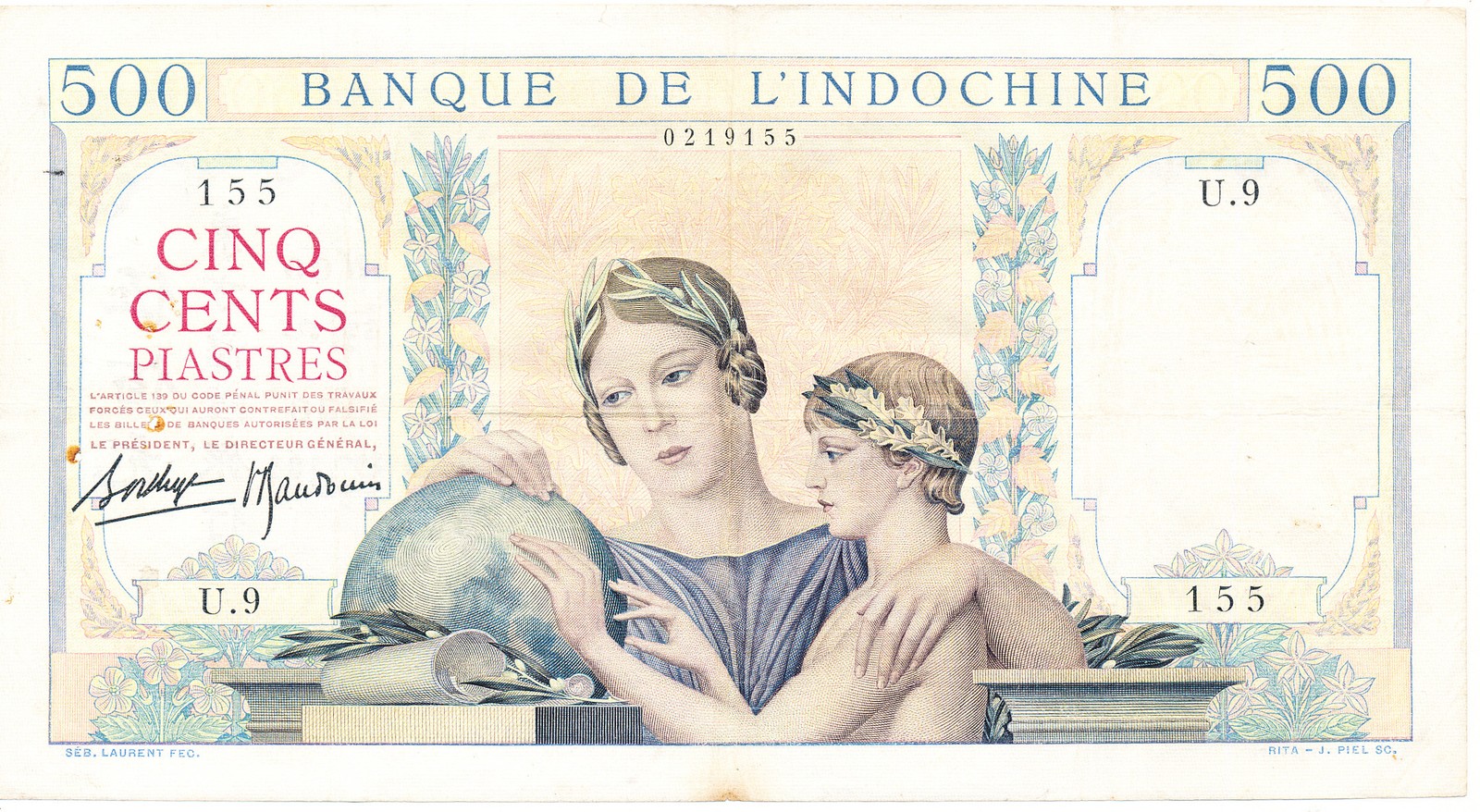 Banque de French Indo-China 500 Piastres Pin holes and rusty. Paper still strong