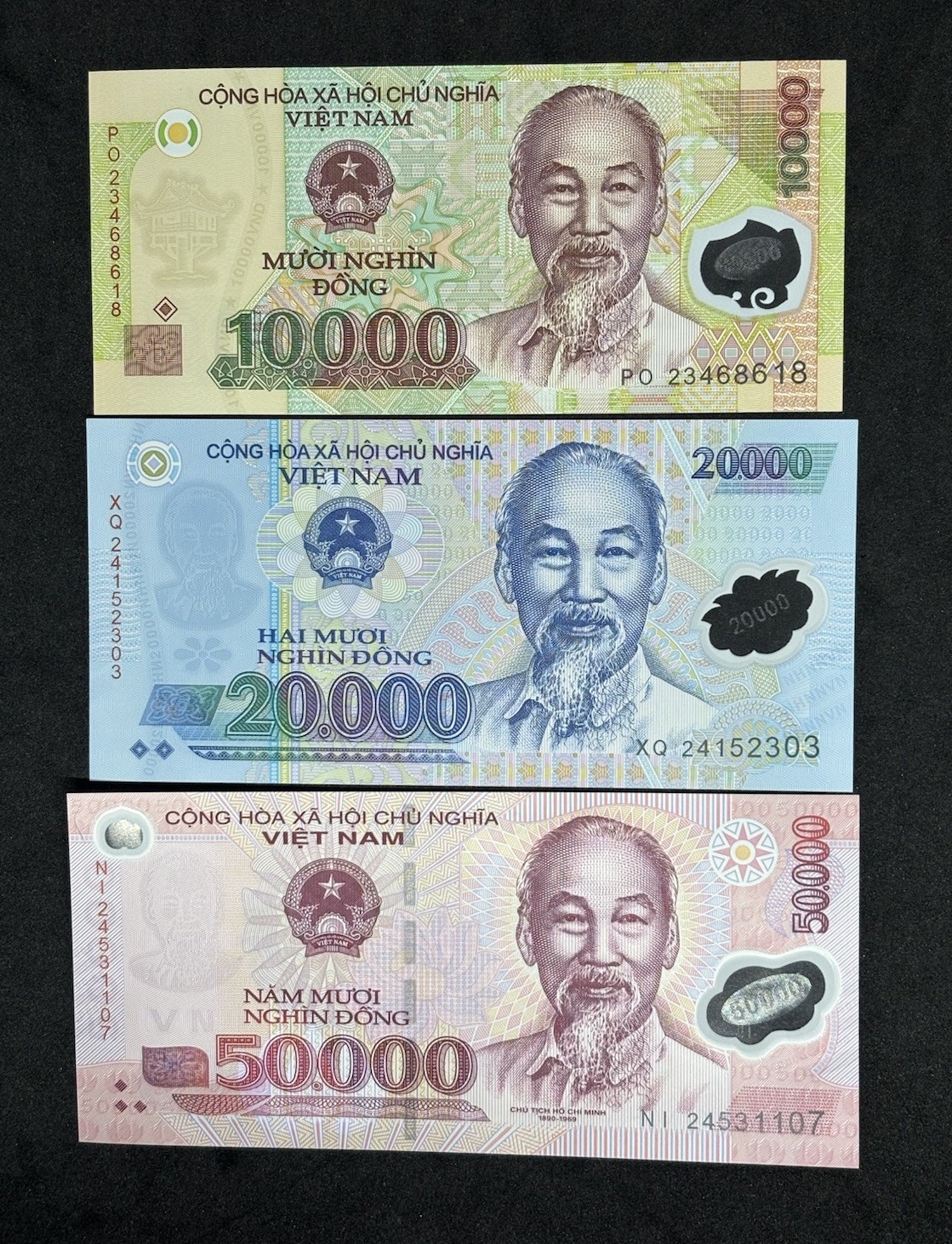 Vietnamese Dong 50K, 20K, 10K Polymer Banknote Note UNC Collection 1 Each