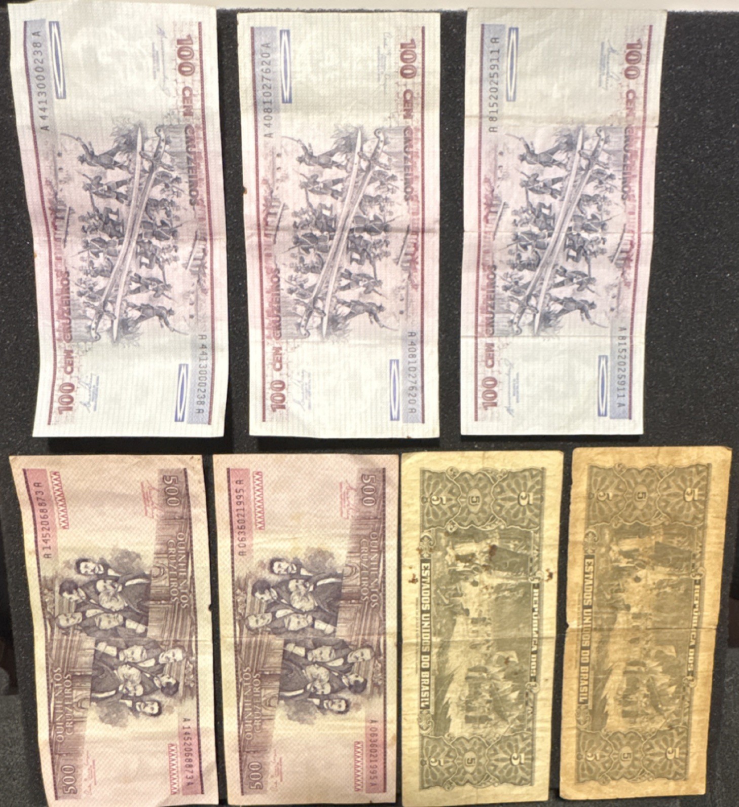 Lot of 7 Vintage Brazilian Banknotes – 100, 500 & 5 Cruzeiros Currency Notes