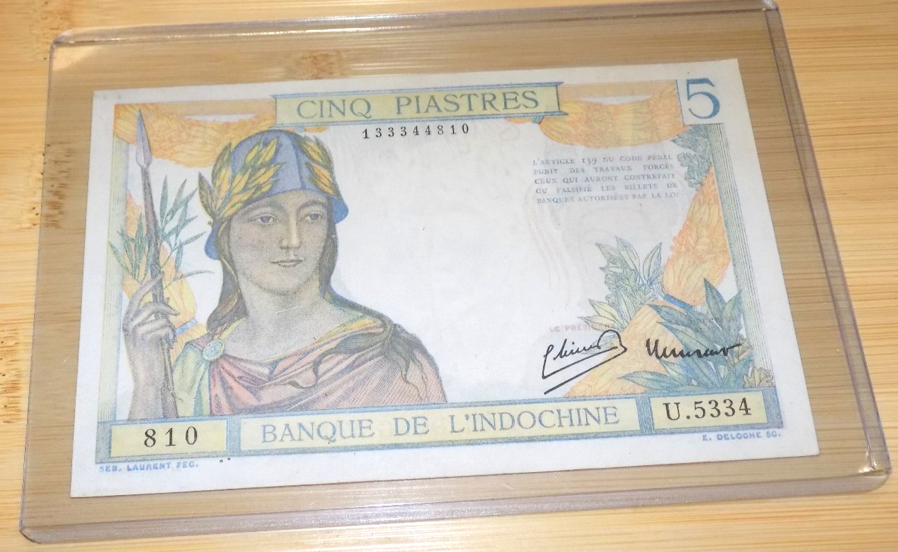 French Indochina 5 Piastres Note Series 810 Banque De L’Indochine Banknote