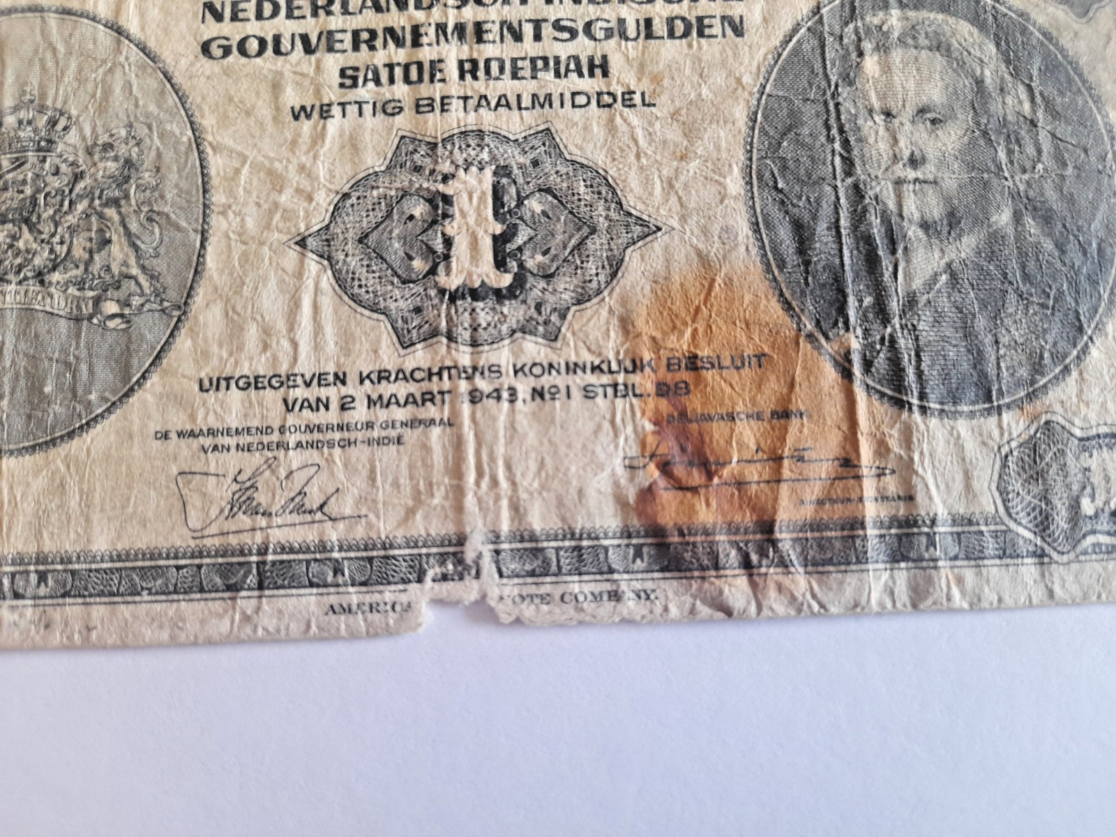 Rare 1943 Dutch Indies – Nederlandsch-Indische Gouvernmentsgulden banknote
