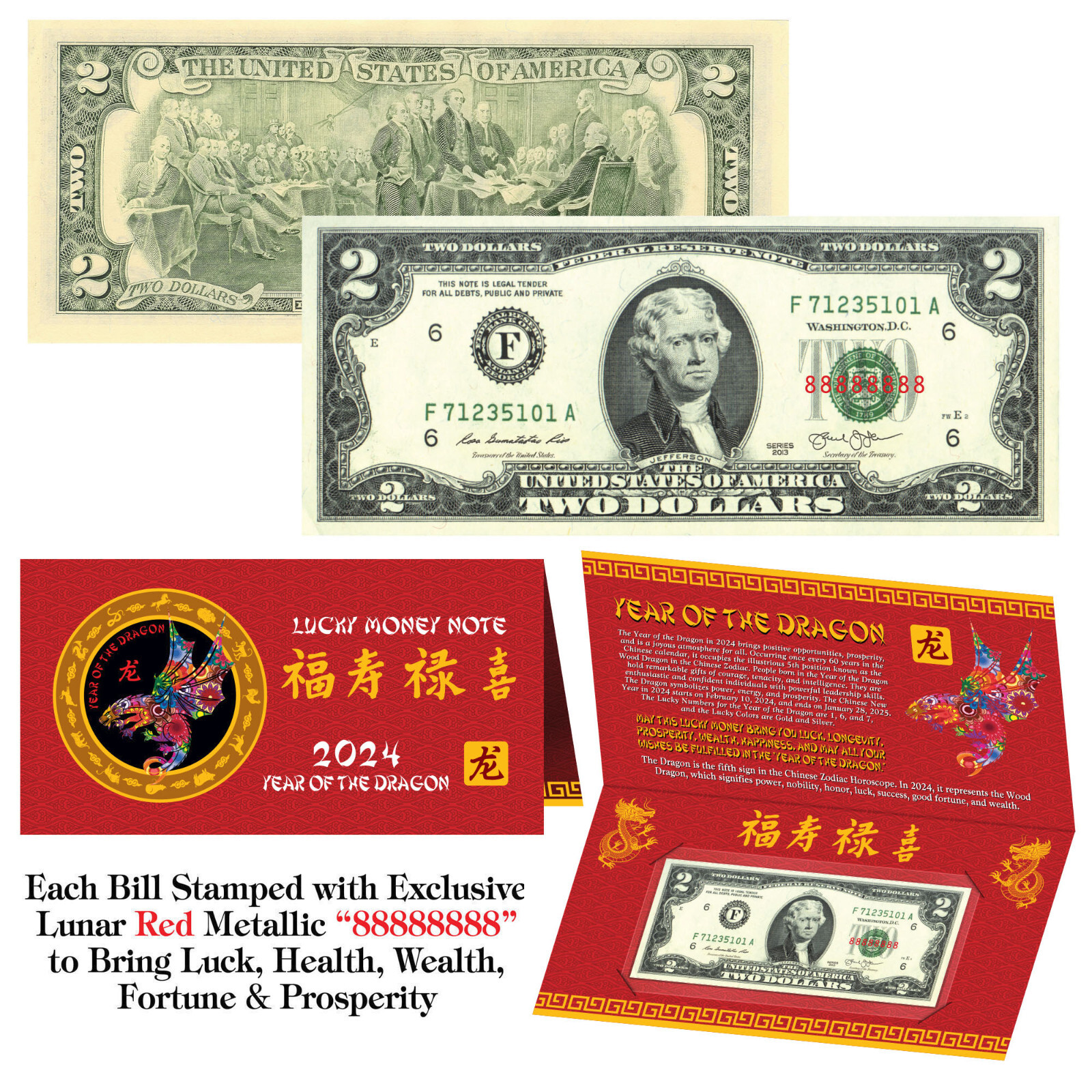 2024 Chinese YEAR of the DRAGON Red Lunar Metallic Lucky 8 US $2 Bill w/ Folder