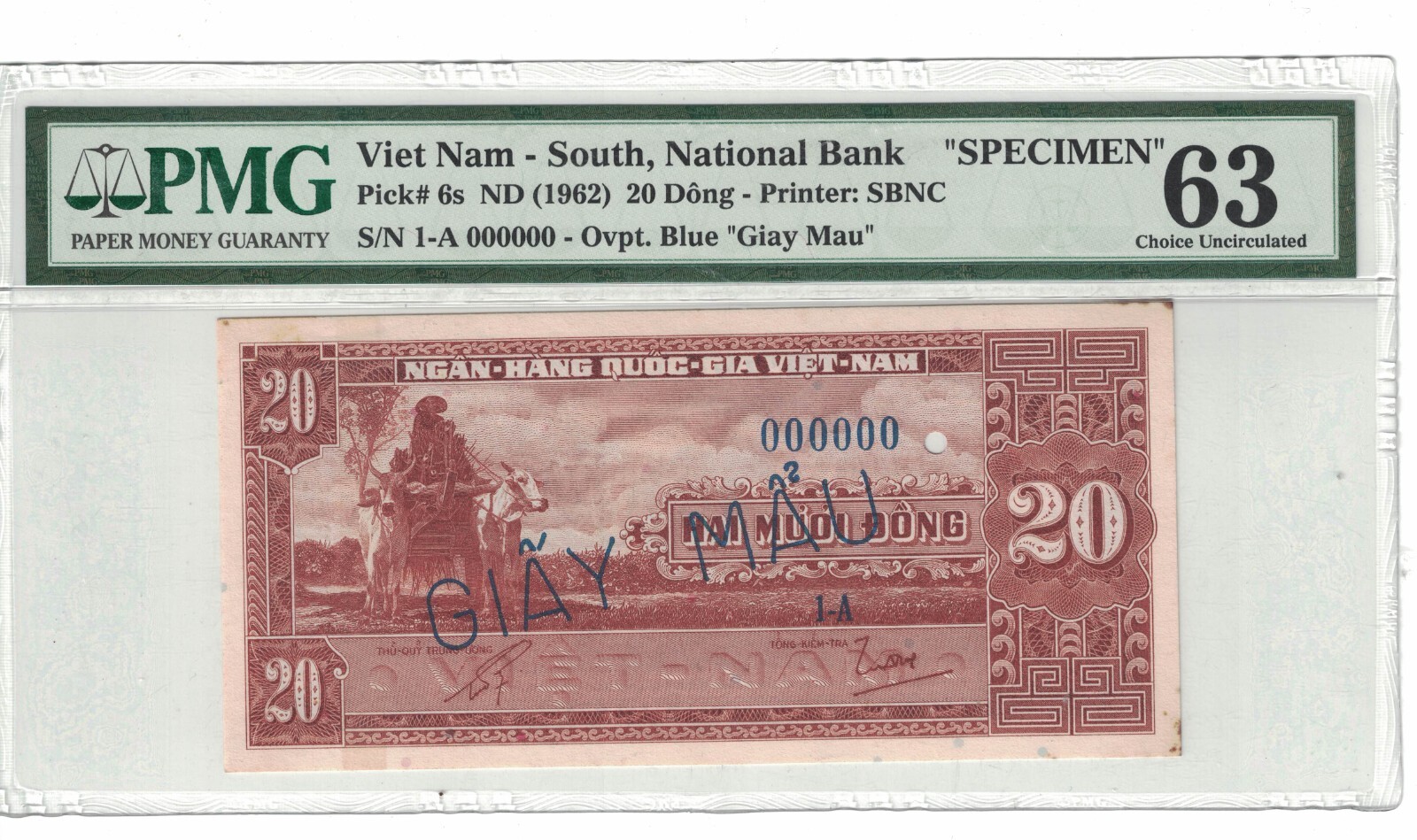 Vietnam South – Specimen 20 Dong 1962 PICK# 6s PMG: 63 UNC. #PL2069