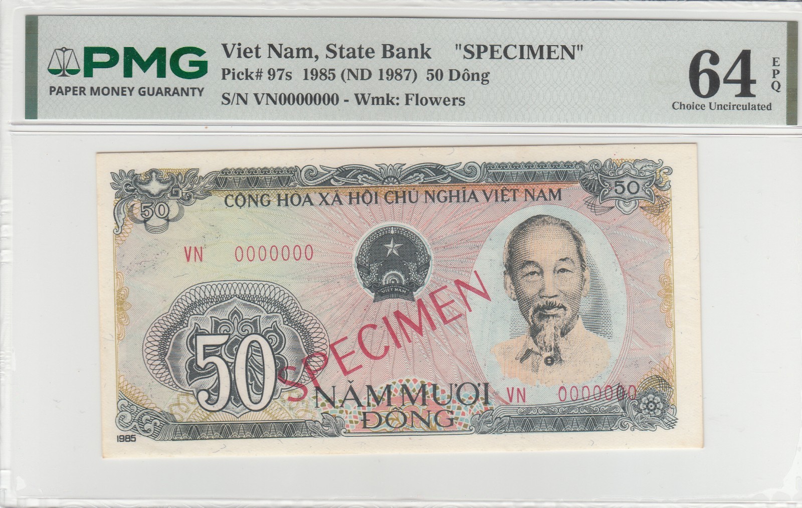 1985 Dem/Rep of Vietnam SPECIMEN, PMG Certified 50 Dong Bank Notes P#97s.