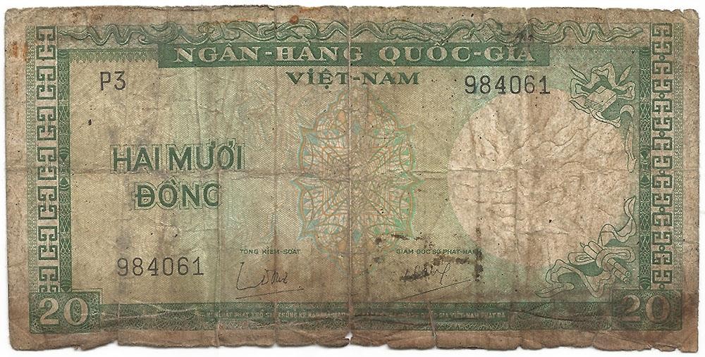 1964 Long-Gone “SOUTH VIETNAM” Well-Circulated WAR-TORN VETERAN “20 DONG” Note