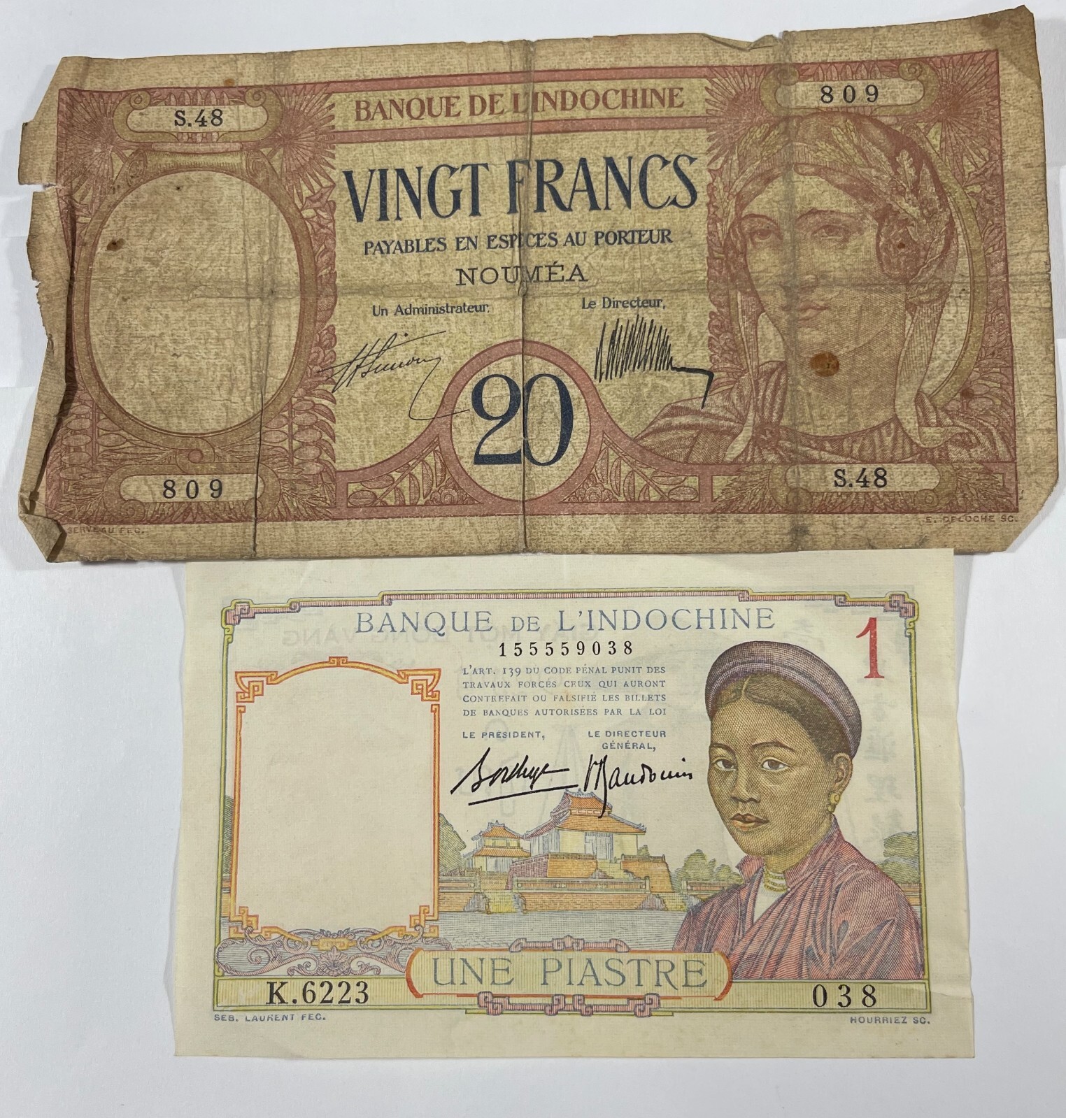Tahiti (indochina) 2 diff older notes (#509). One piastre and 20 Francs. Lower