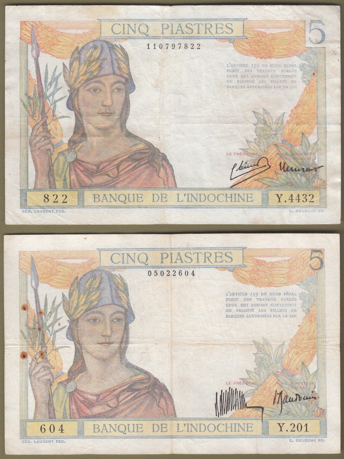 French Indochina/Vietnam 1932- 1946 Lot of 2 Bank Notes 5 Piastre P# 55a, 55c.