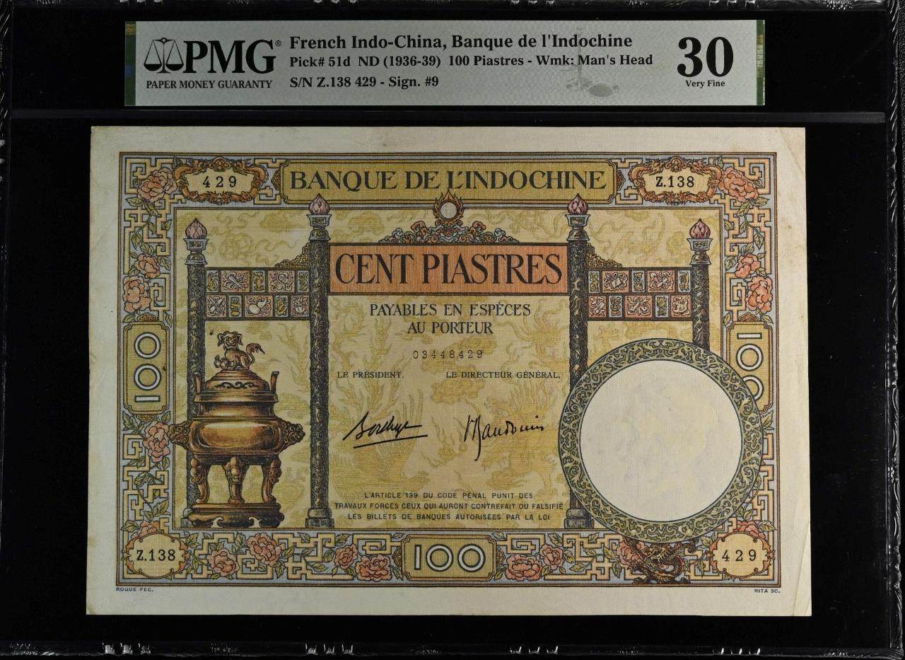 French Indochina P-51d 100 Piastres 1936-39 PMG 30 Pinholes