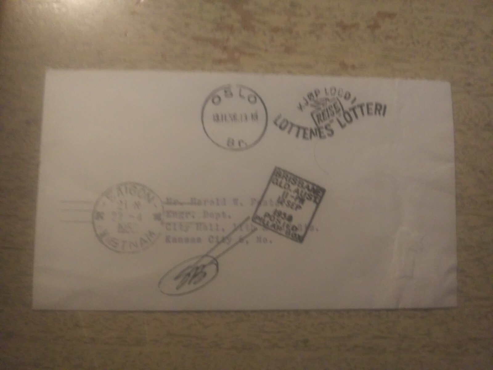 Saigon Vietnam 1956 Cover Oslo Kansas City Postal History Envelope