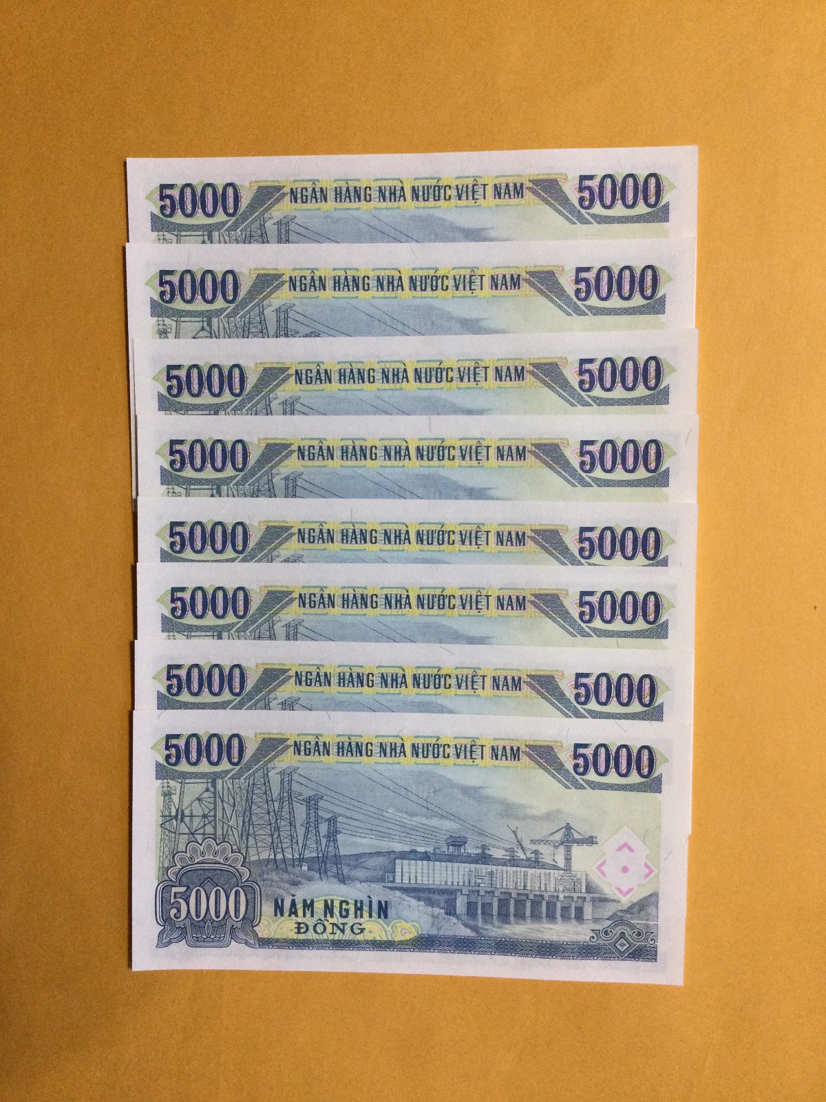 VIETNAM NOTES,5,000 DONG,LOT OF 8 PIECES,CRISP UNCIRCULATED,SHIPPED FROM USA