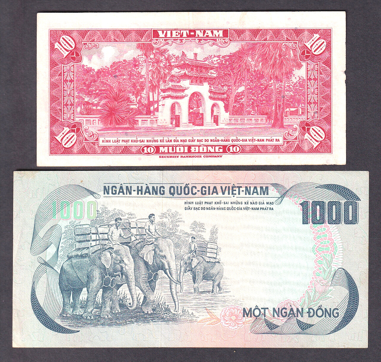 Vietnam – South. P-5 (1982) 10 Dong (aEF) & P-34 (1972) 1000 Dong (aEF) 2 Notes