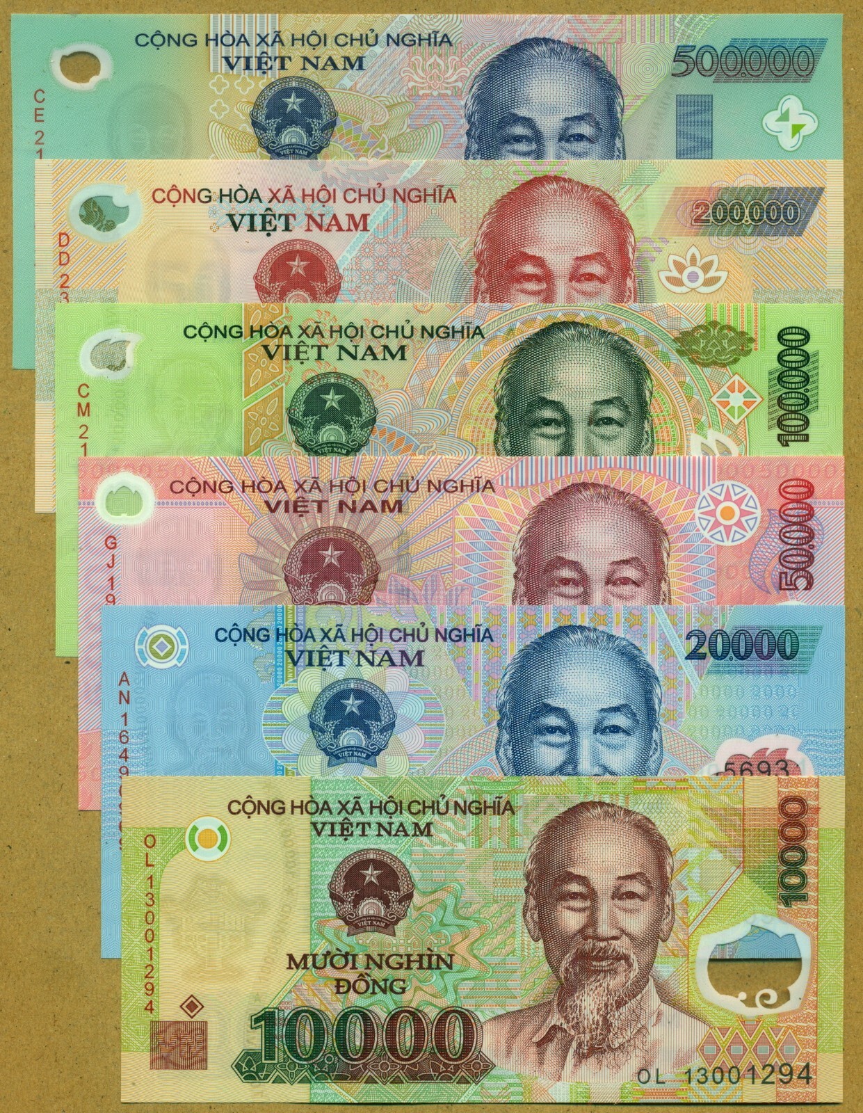 Vietnam Full set of 7 notes 10,000 to 500,000 Dong Polymer Issue 100% UNC