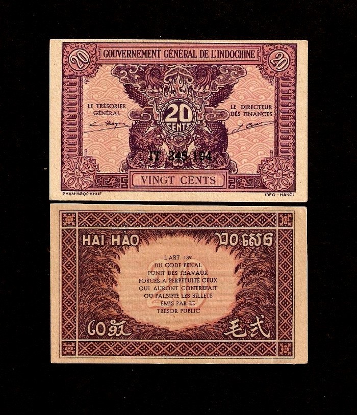 FRENCH INDO CHINA 20 CENTS P-90 1942 x 1 VIETNAM UNC MONEY FIC BILL BANK NOTE